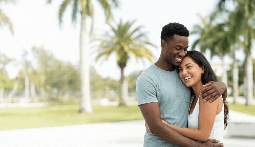 A smiling couple embracing outdoors among palm trees in Florida