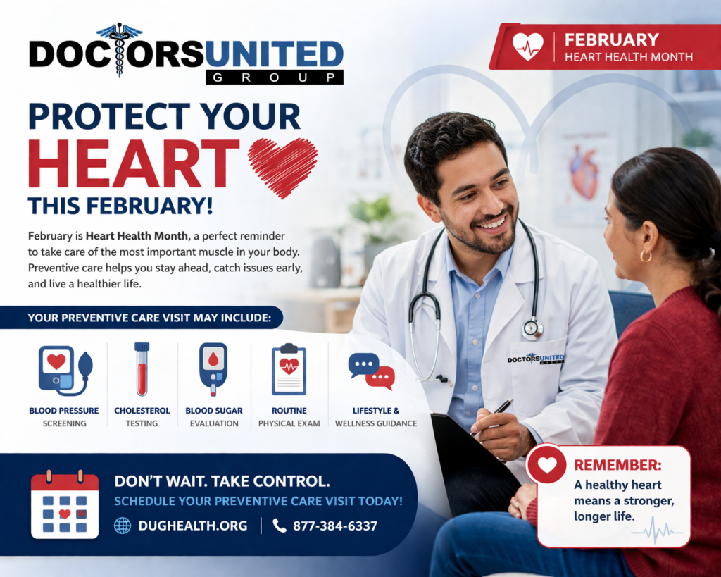 patient meeting with a doctor during a heart health preventive care visit at Doctors United Health Group in February, promoting screenings and early detection.