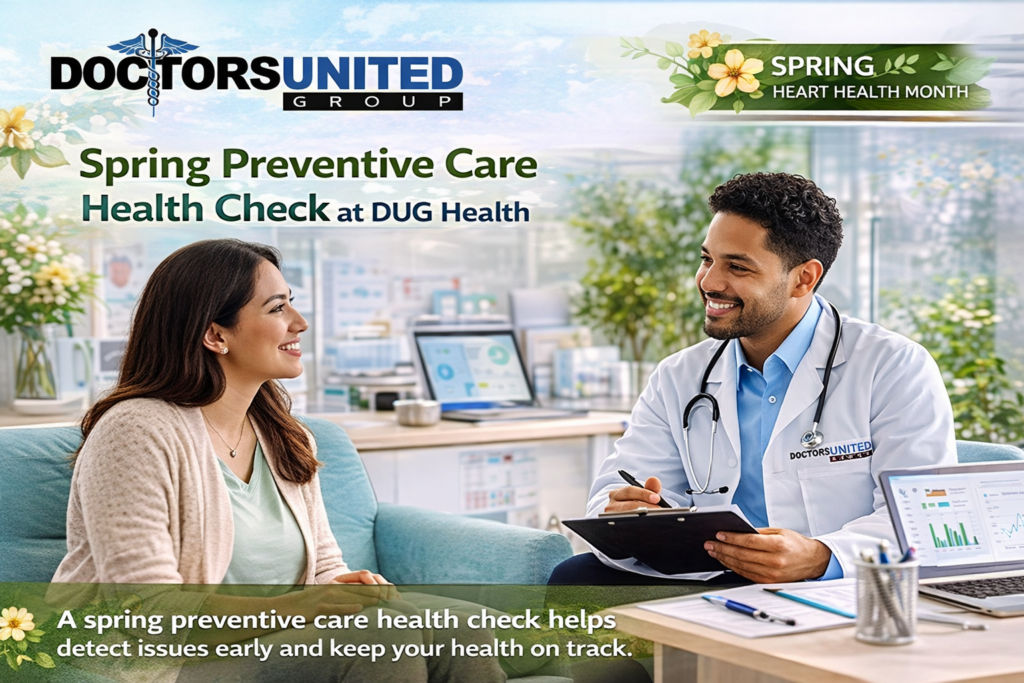 Spanish American patient receiving a spring preventive care health check at a DUG Health clinic