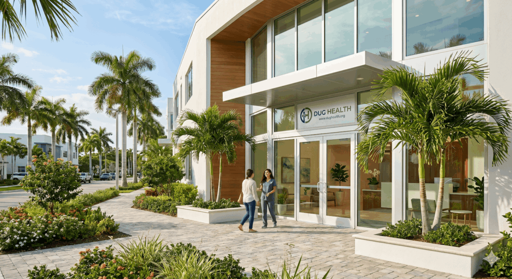 The exterior of a DUG Health clinic in Florida with two people walking toward the entrance