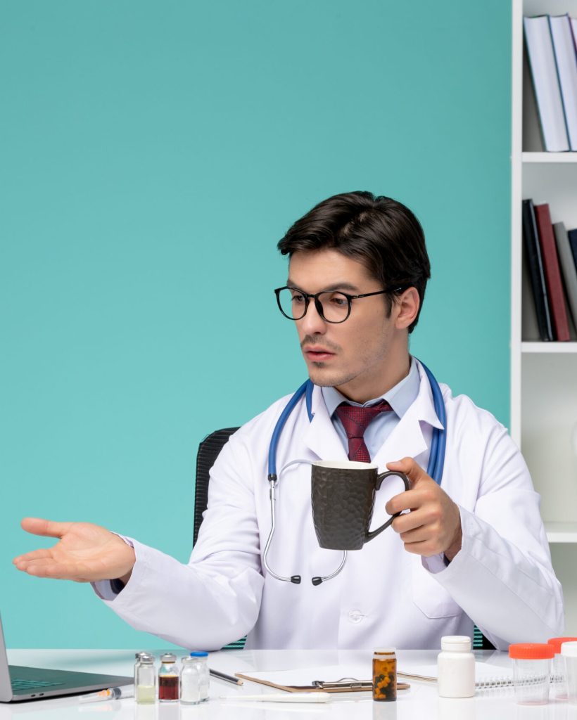 Young doctor handling patients online through laptop